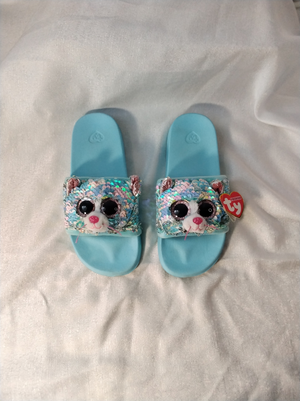 Ty Light Blue Sequin Bear Kids Slide Sandals
